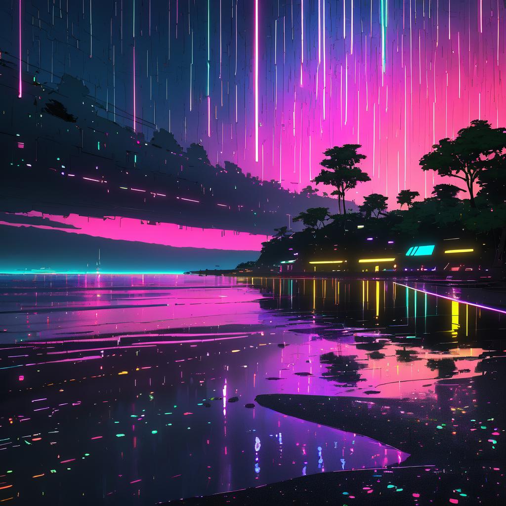 Futuristic Neon Lakeshore at Dusk