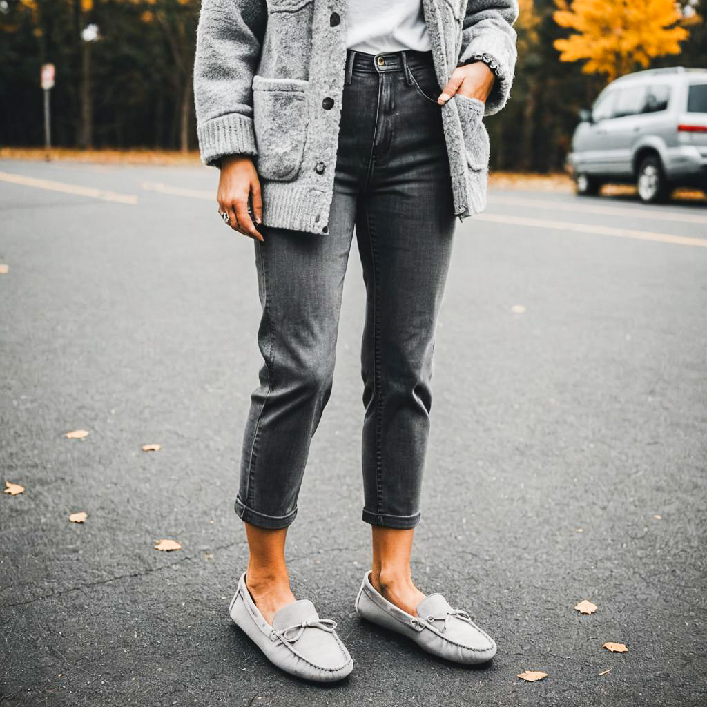 Stylish Woman in Gray Moccasins