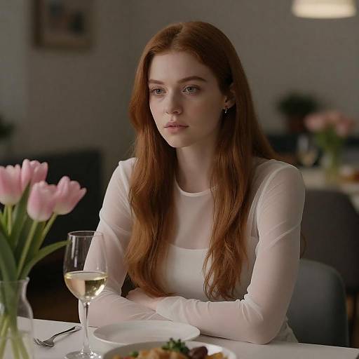 Contemplative Woman with Wine and Tulips