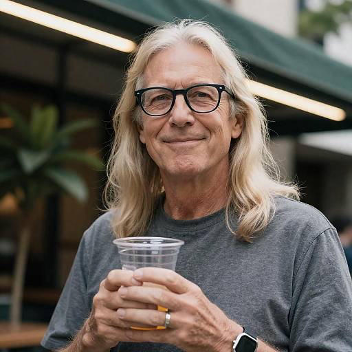 Older man with long blonde hair holding plastic cup