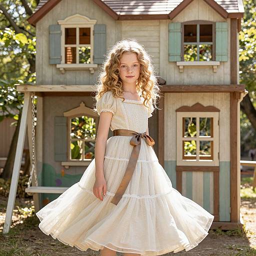 Photograph of a young blonde girl with curly hair in a white, layered, vintage-style dress with a brown belt, standing in front of a rustic