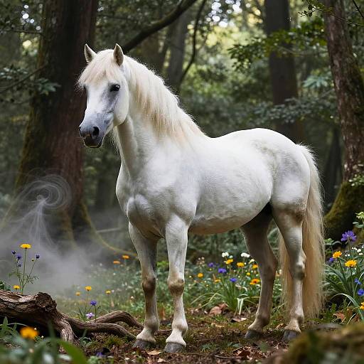 Photorealistic CGI of a white, muscular horse with a flowing mane standing in a lush, misty forest, surrounded by colorful wildflowers and fallen