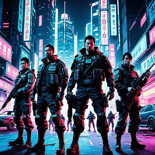 Elite Mercenary Squad in Neon Cyberpunk City