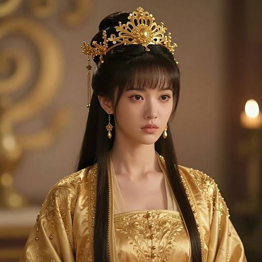 Regal Asian Princess in Golden Attire