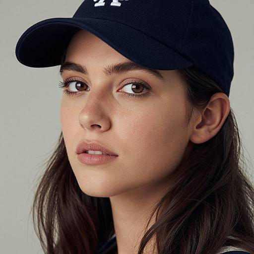 Photograph of a young woman with olive skin, brown eyes, and dark brown hair wearing a black baseball cap with a white logo, looking slightly to