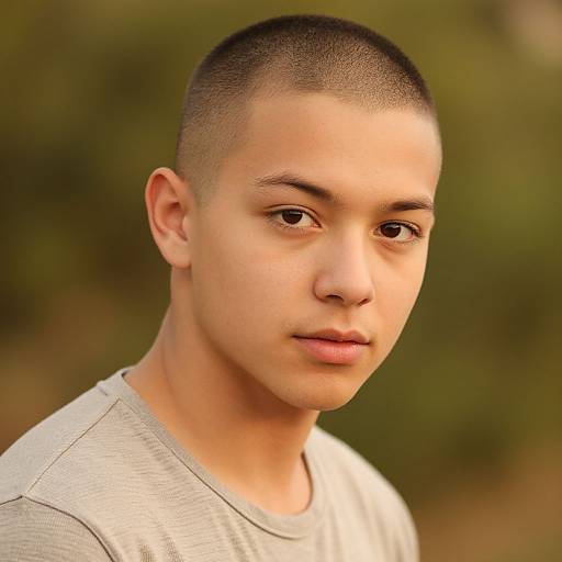 Photograph of a young Asian man with a close-cropped haircut, light skin, and neutral expression, wearing a light gray shirt, against a blurred