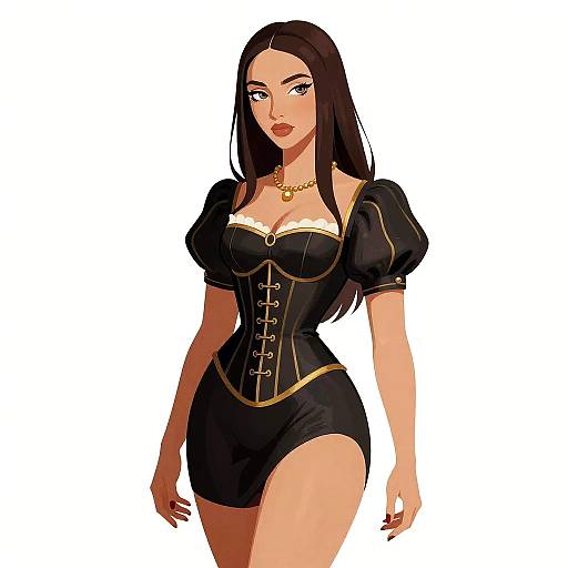 Digital illustration of a sexy, fair-skinned woman with long black hair, wearing a black corset dress with gold trim, and a gold necklace,