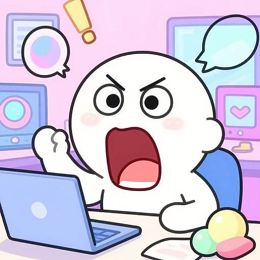 Cartoon white circular character with wide eyes, open mouth, and raised fist, shocked by laptop. Background: colorful computer screens. Speech bubble: ex