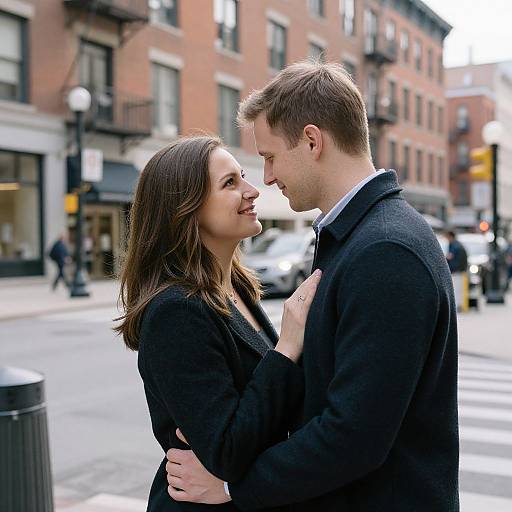 Photograph of a smiling couple in black winter coats, standing close and gazing at each other in an urban street. Background features brick buildings and a