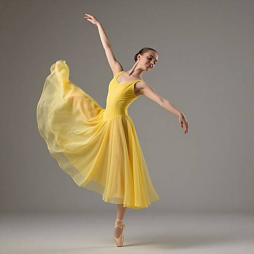 Photograph of a graceful ballerina in a flowing yellow dress, mid-dance pose, arms extended, wearing pink pointe shoes, against a