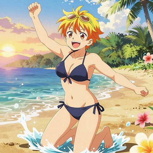 Anime-style drawing of a happy, orange-haired girl in a blue bikini, jumping in the ocean at a tropical beach. Sunset and palm trees in the