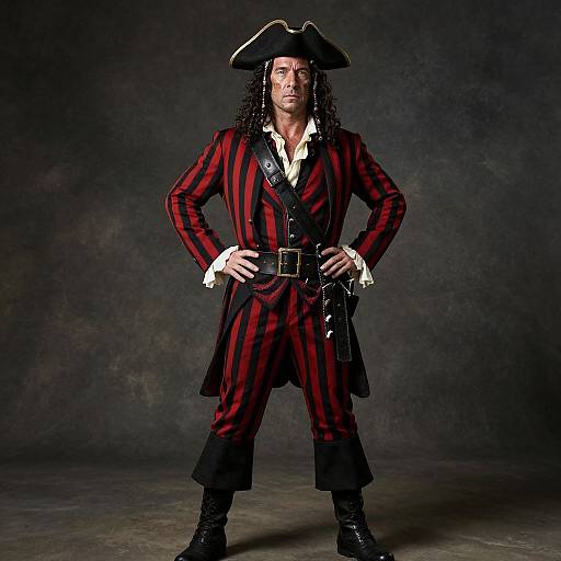 Photograph of a muscular man in a red and black striped pirate outfit, tricorn hat, white shirt, black boots, and belt, standing confidently
