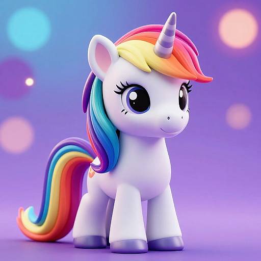 Cute digital 3D-rendered unicorn with white body, rainbow mane and tail, large blue eyes, and purple horn, set against a purple