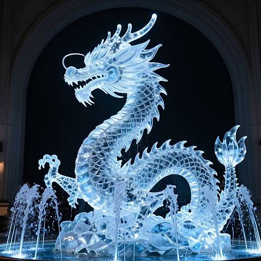 Photograph of a glowing, translucent, illuminated dragon sculpture in a dark nighttime setting, standing in a water fountain with arcs of water.