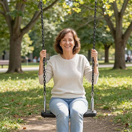 Photograph of a smiling middle-aged woman with brown hair, wearing a white sweater and blue jeans, sitting on a black swing in a sunny, tree