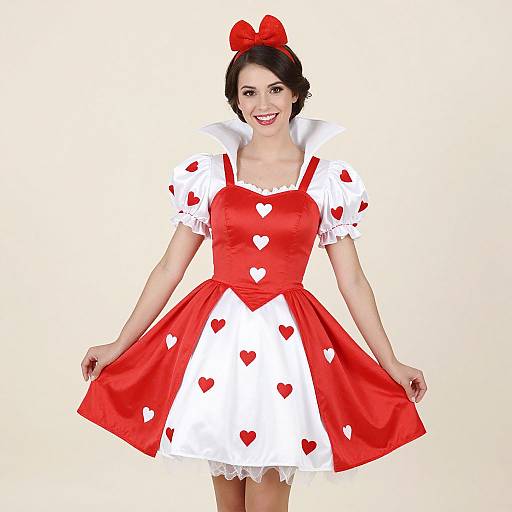 Photograph of a smiling woman in a red and white heart-patterned dress with puffed sleeves, red bow headband, and lace hem, holding