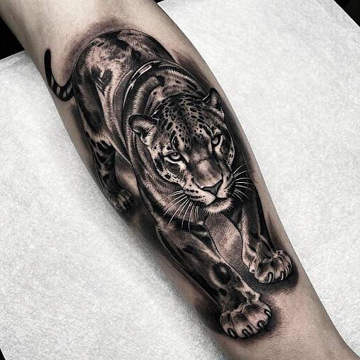 Black and grey realistic tattoo of a fierce, detailed leopard crouching on a person's forearm, with intense eyes and intricate shading.