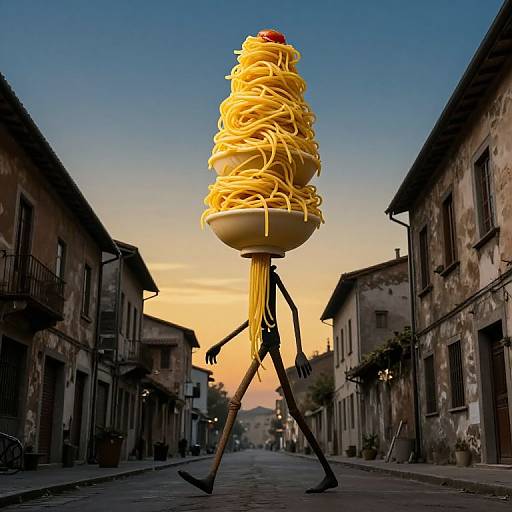 Photograph of a surreal street scene featuring a humanoid figure with a head of spaghetti and a red tomato, walking down a narrow, cobblestone European
