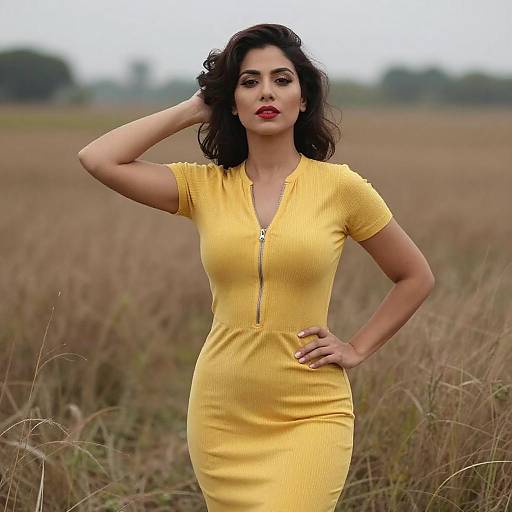 Photograph of a confident woman with dark curly hair, wearing a form-fitting yellow dress with a zipper, standing in a grassy field, hand