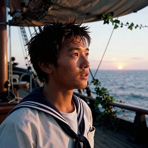 Photograph of a young Asian man with spiky black hair, wearing a white sailor shirt, gazing at a sunset over the ocean from a ship