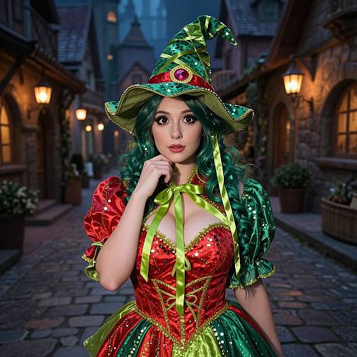 Photorealistic CGI of a green-haired woman in a sparkly red and green witch costume, standing on a cobblestone medieval street at night.