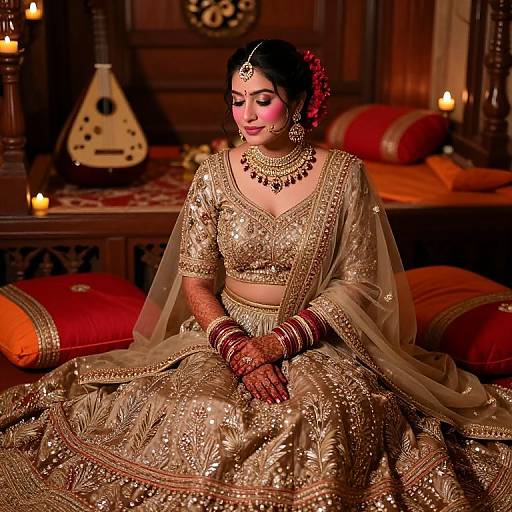 Photograph of a South Asian bride in ornate gold traditional attire, adorned with jewelry, henna, and red bindi, sitting in a dim