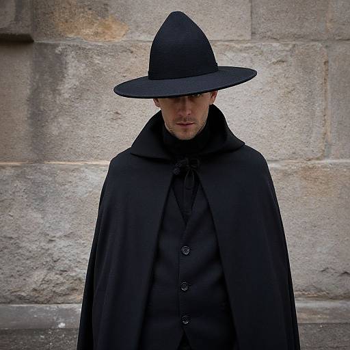 Photograph of a pale-skinned man with a serious expression, wearing a black wide-brimmed hat and matching black cloak, standing against a textured