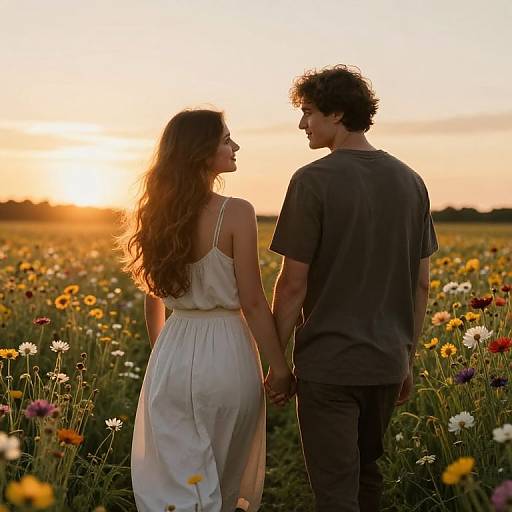 Lovers Strolling Through Sunlit Blooms