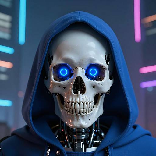 Cyberpunk Blue Hooded Robotic Skull