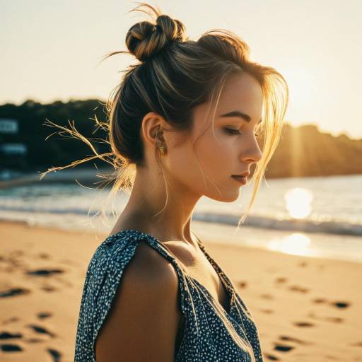 Young Woman with Loose Bun Hairstyle on Beach