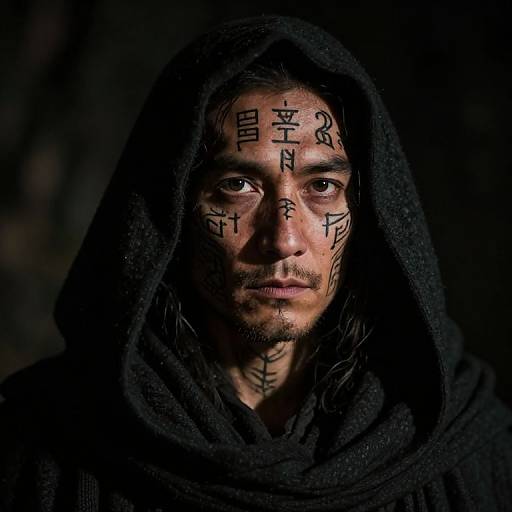 Photograph of a mysterious man with dark, weathered skin, black hood, and face painted with runic symbols, against a dark background.
