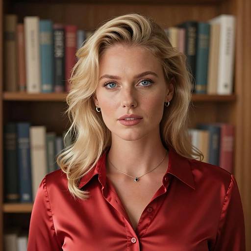 Blonde Woman in Satin Shirt by Bookshelf