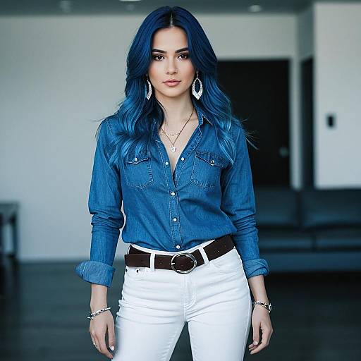 Young Woman with Blue Hair in Denim Shirt and White Pants