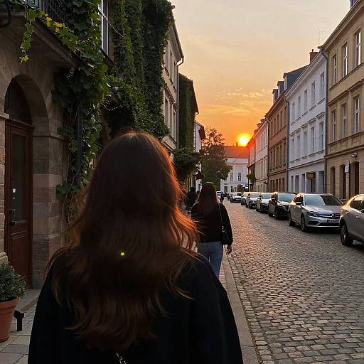 Photograph of a woman with long brown hair in a black coat walking down a cobblestone street at sunset, with cars parked on either side and
