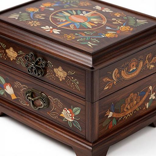 Photograph of a dark wooden box with intricate, colorful floral and bird embroidery on the top and sides, featuring ornate black metal handles.