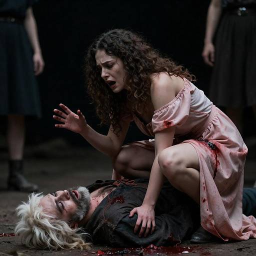 Distressed Woman in Blood-Stained Dress