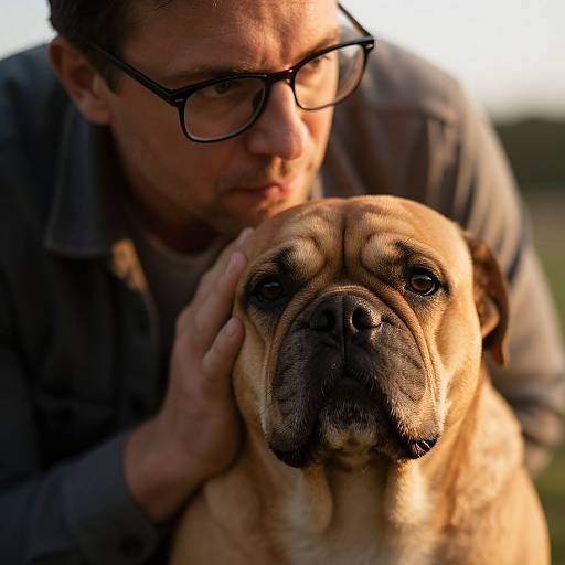 Photograph of a man with glasses gently holding a fawn-colored pug, sunlight highlighting the dog's wrinkled face and the man's focused expression