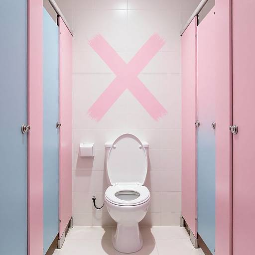 Photograph of a brightly lit, pastel-colored public restroom stall with a white toilet, pink and blue stall doors, and a white tiled wall with