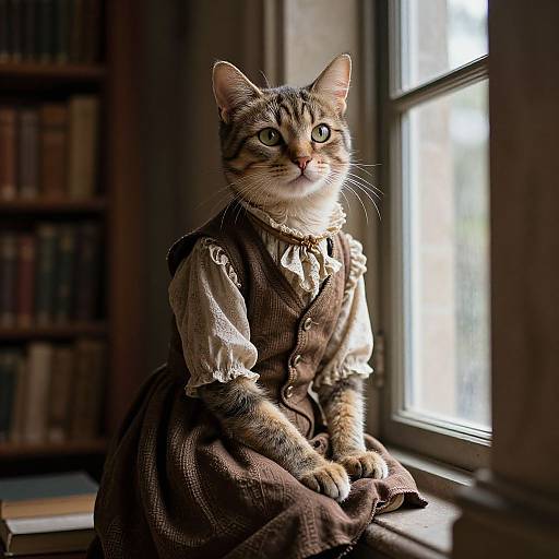 Photograph of a tabby cat in a Victorian-style brown dress with white lace, sitting by a sunlit window in a book-filled room.