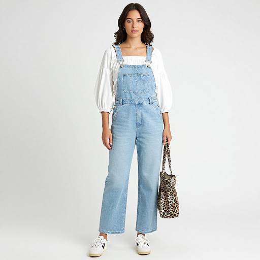 Photograph of a young woman with dark hair wearing light blue denim overalls, white long-sleeve shirt, white sneakers, holding a leopard print