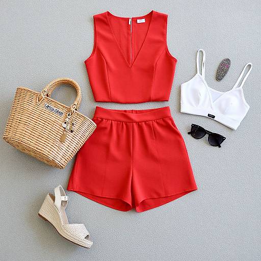 Photograph of a bright red sleeveless top and high-waisted shorts, paired with white crop top, black sunglasses, beige wedge sandals, and