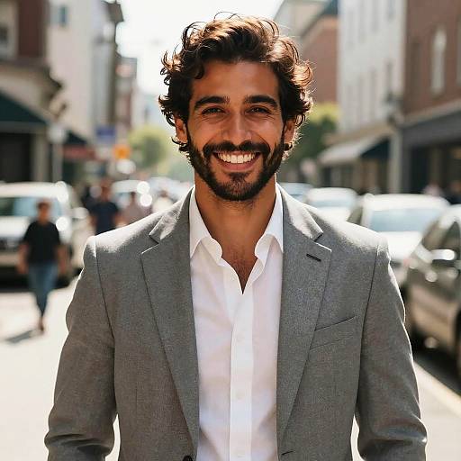 Photograph of a smiling, bearded man with curly brown hair, wearing a gray suit and white shirt, standing on a sunny urban street.