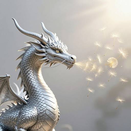 Photorealistic digital art of a silver dragon with sparkling, star-like breath, set against a soft, glowing light background.