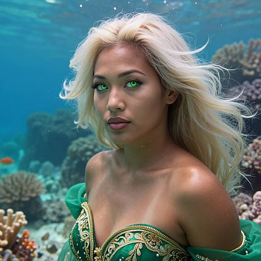 Photograph of a blonde woman with green eyes, wearing a green and gold ornate strapless top, underwater surrounded by coral reefs.
