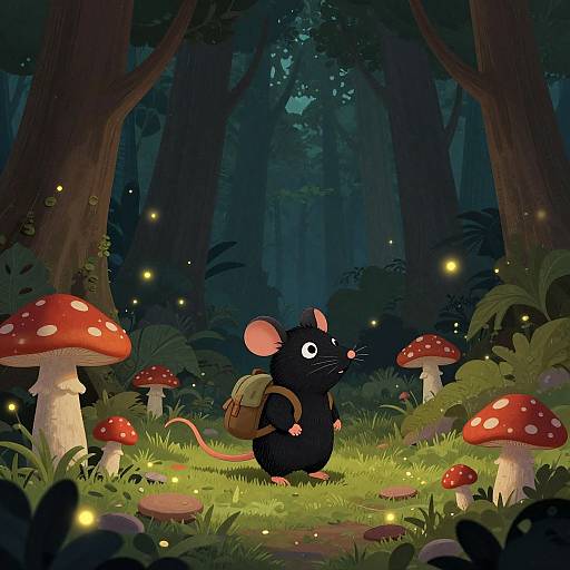 Whimsical digital illustration of a black mouse with a brown backpack, standing in a dark forest with glowing fireflies and red-spotted mushrooms.