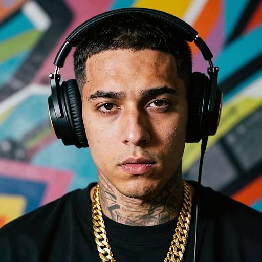 Photograph of a young man with short black hair, tattoos on his neck, wearing black headphones, a gold chain, and black shirt, against a