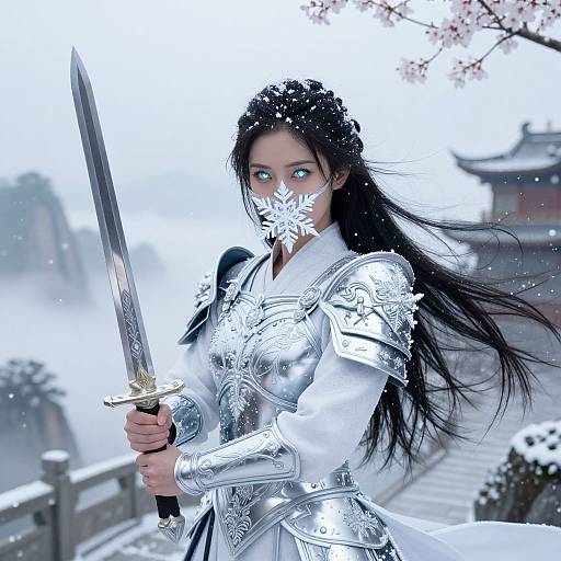 Digital artwork of a fierce, blue-eyed Asian woman in silver armor, holding a snow-flake patterned sword, standing in a snowy, cherry blossom