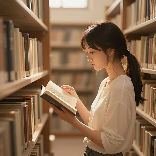 Photograph of an Asian woman with long black hair in a ponytail, wearing a white blouse, reading a book in a sunlit library.