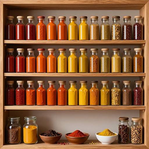Colorful Spice Bottles on Wooden Shelves