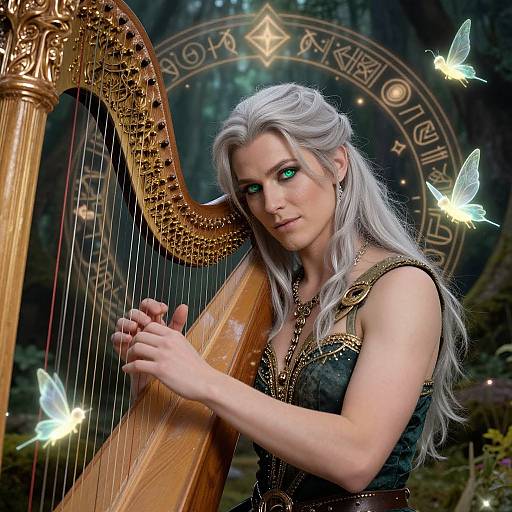 Digital fantasy artwork of a silver-haired, green-eyed elf woman playing a golden harp, surrounded by glowing butterflies in a mystical forest.
